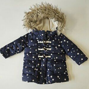 Baby Gap Faux Fur Trim Duffle Jacket- Kids Star Hooded Winter Puffer Coat 18-24M